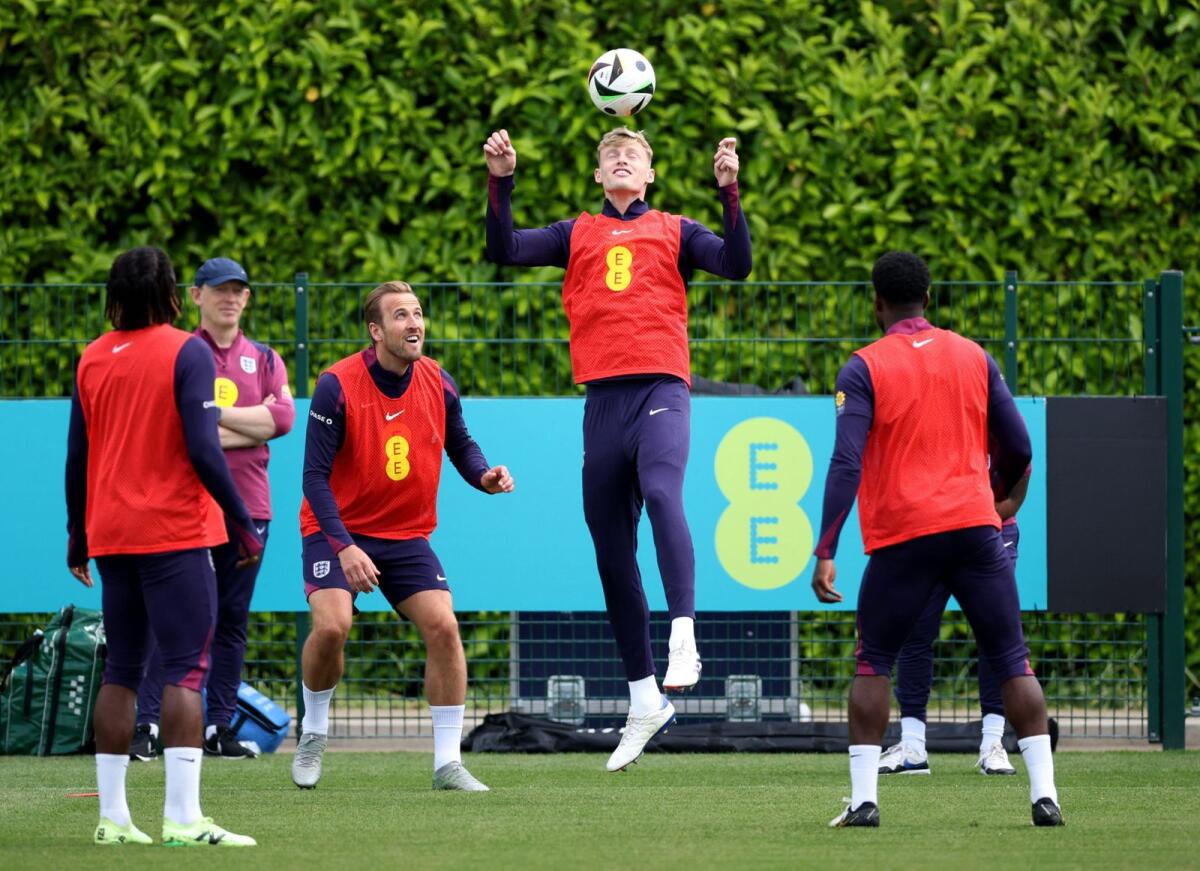 England's Harry Kane and Jarrad Branthwaite during a training session. — Reuters