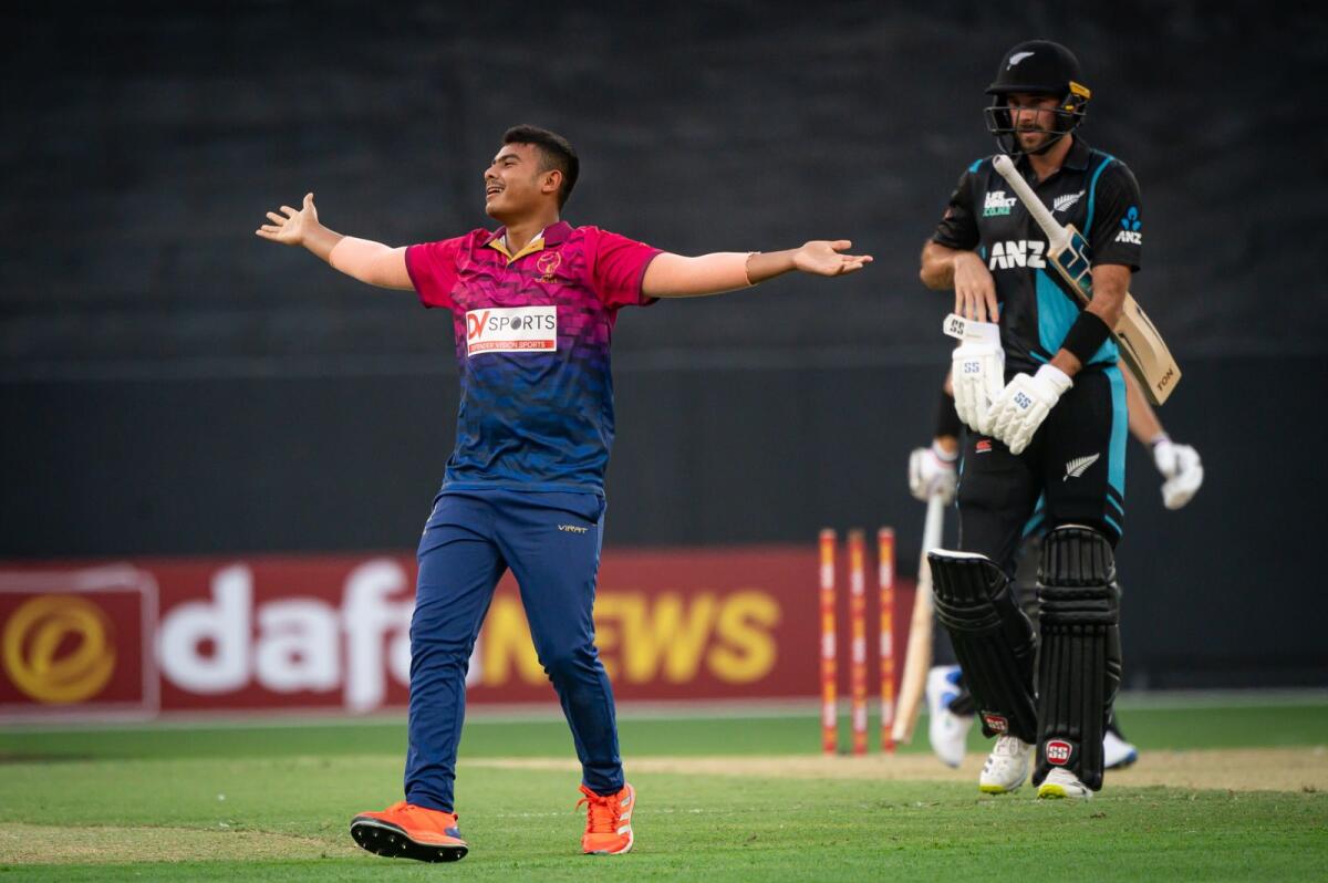UAE's Aayan Afzal Khan celebrates a wicket against New Zealand on Saturday. — Photo by Neeraj Murali