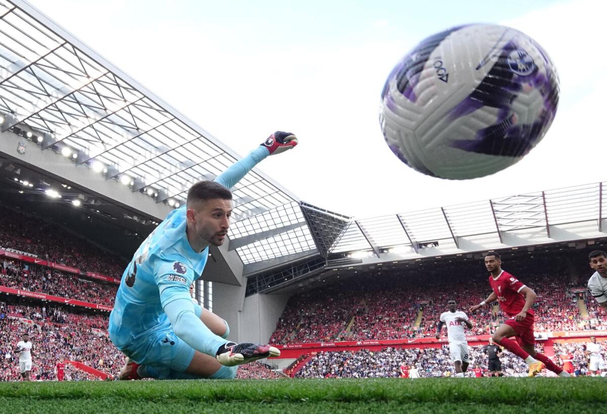 Liverpool's Cody Gakpo scores their third goal past Tottenham Hotspur goalkeeper Guglielmo Vicario. — Reuters