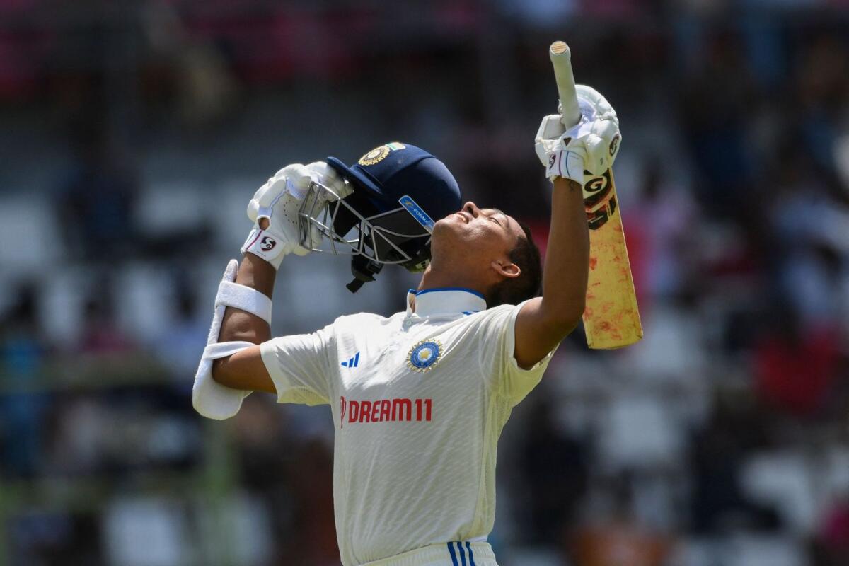 Yashasvi Jaiswal of India celebrates his century. — AFP