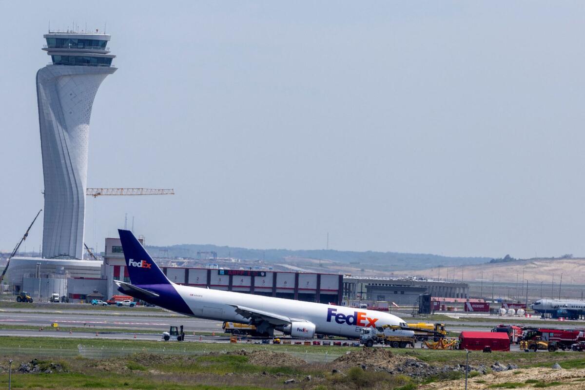 A general view of a FedEx Airlines Boeing 767 BA.N cargo plane, that landed at Istanbul Airport on Wednesday without deploying its front landing gear. — Reuters