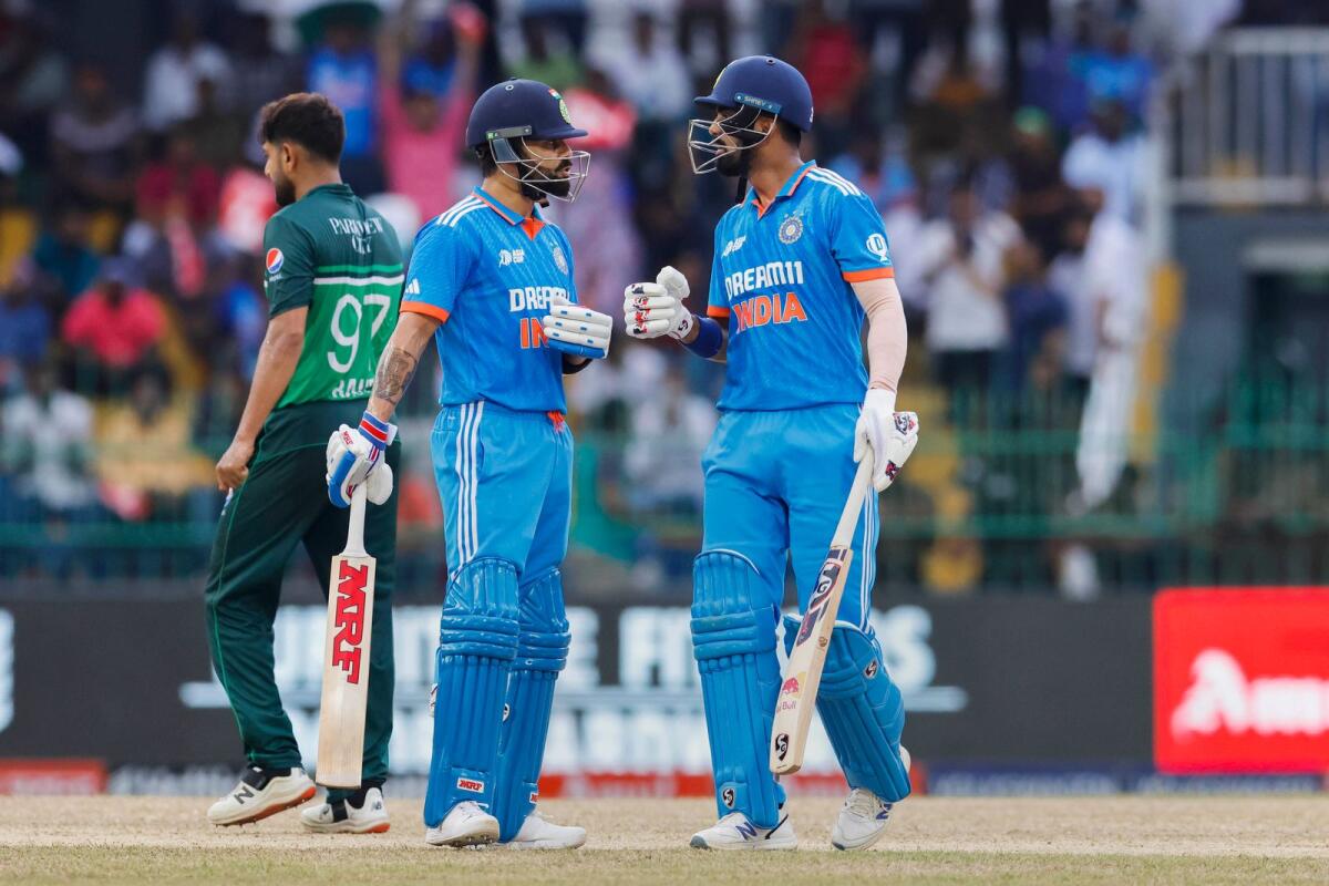 Indian batters Virat Kohli and KL Rahul during the Asia Cup match between India and Pakistan, at the R. Premadasa International Cricket Stadium in Colombo, Sri Lanka, Sunday, Sept. 10, 2023. Photo: PTI