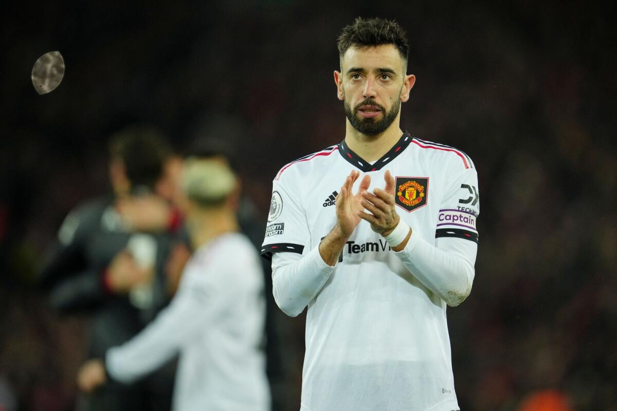 Manchester United's Bruno Fernandes reacts after the English Premier League match between Liverpool and Manchester United. — AP