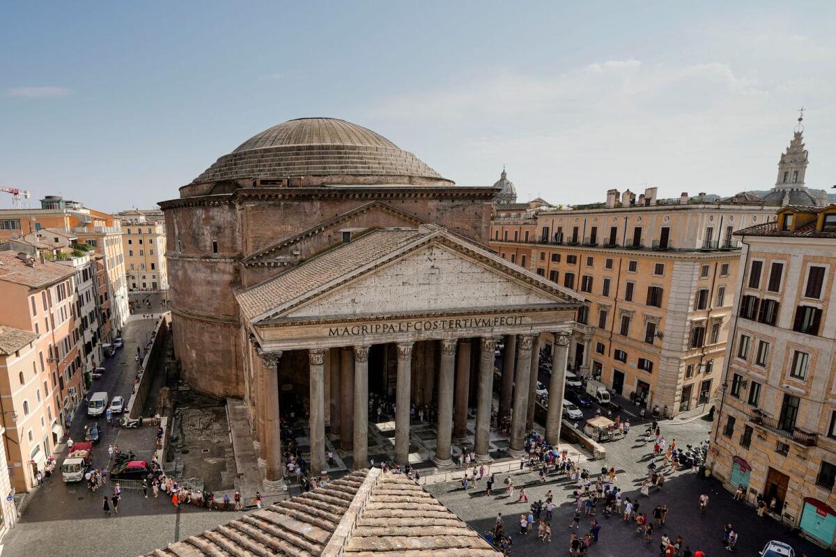 Rome's Pantheon is seen on Monday, July 24, 2023. The structure was built under Roman Emperor Augustus between 27-25 BC to celebrate all gods worshipped in ancient Rome and rebuilt under Emperor Hadrian between 118 and 128 A.D.-- AP