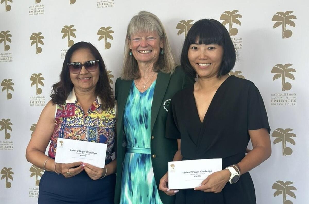 Priyanka Gupta (left), Lady Captain Fiona Berry and Ya-Lun Wu (right) at the Emirates Golf Club ladies prize presentation.- Supplied photo