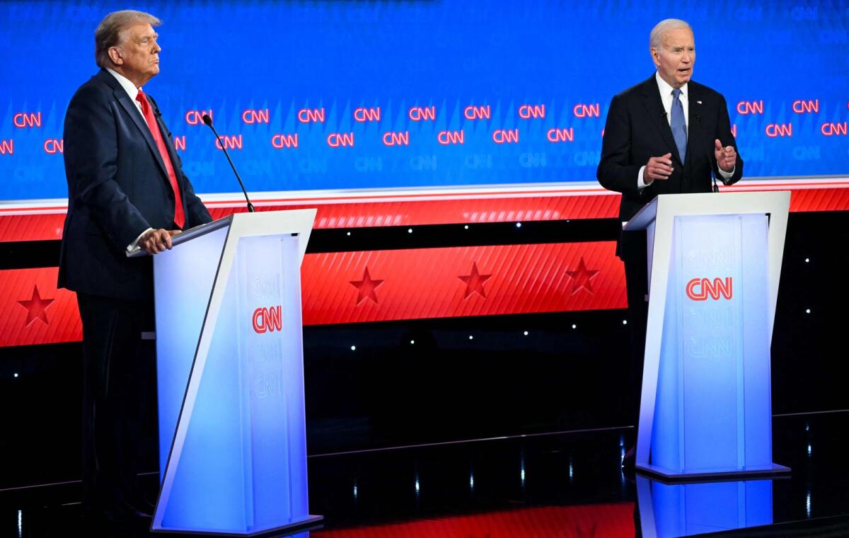 US President Joe Biden and former US president and Republican presidential candidate Donald Trump participate in the first presidential debate of the 2024 elections at CNN's studios in Atlanta, Georgia, on June 27, 2024. — AFP