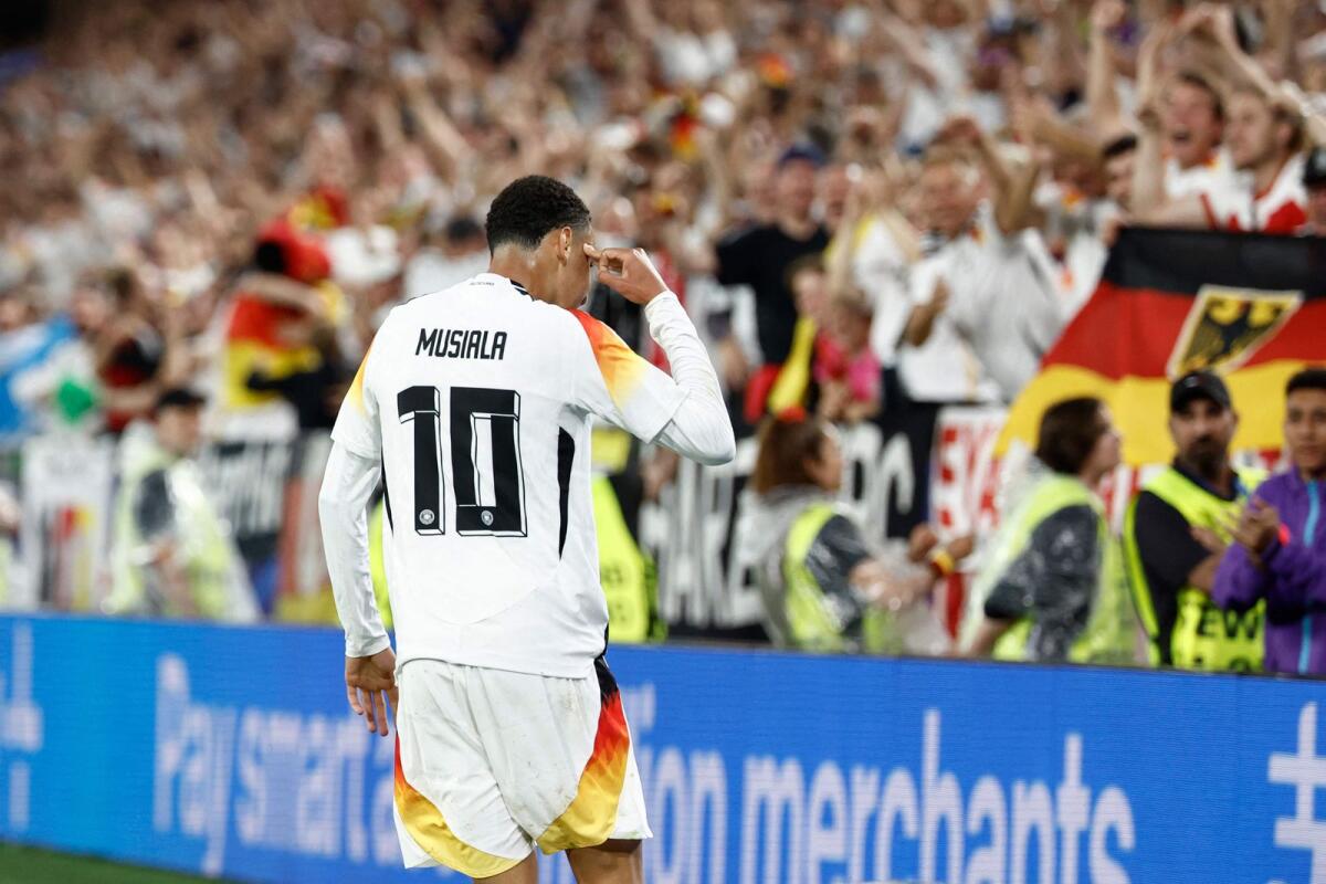 Germany's Jamal Musiala celebrates after scoring his team's second goal. — AFP
