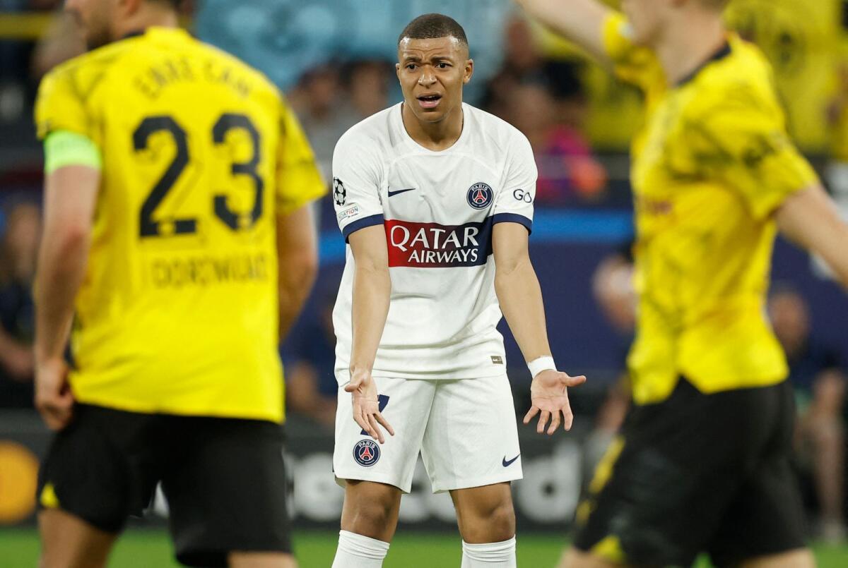 Kylian Mbappe reacts during the Uefa Champions League semifinal first leg match against Borussia Dortmund. — AFP