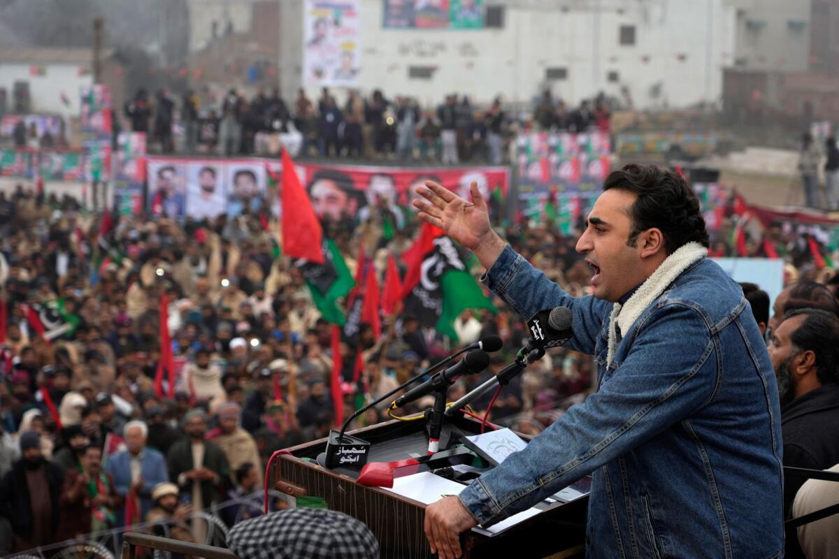 Bilawal Bhutto Zardari, Chairman of Pakistan People's Party, addresses supporters at a campaign rally, in Bhalwal, Pakistan, on Jan. 24,2024. — AP