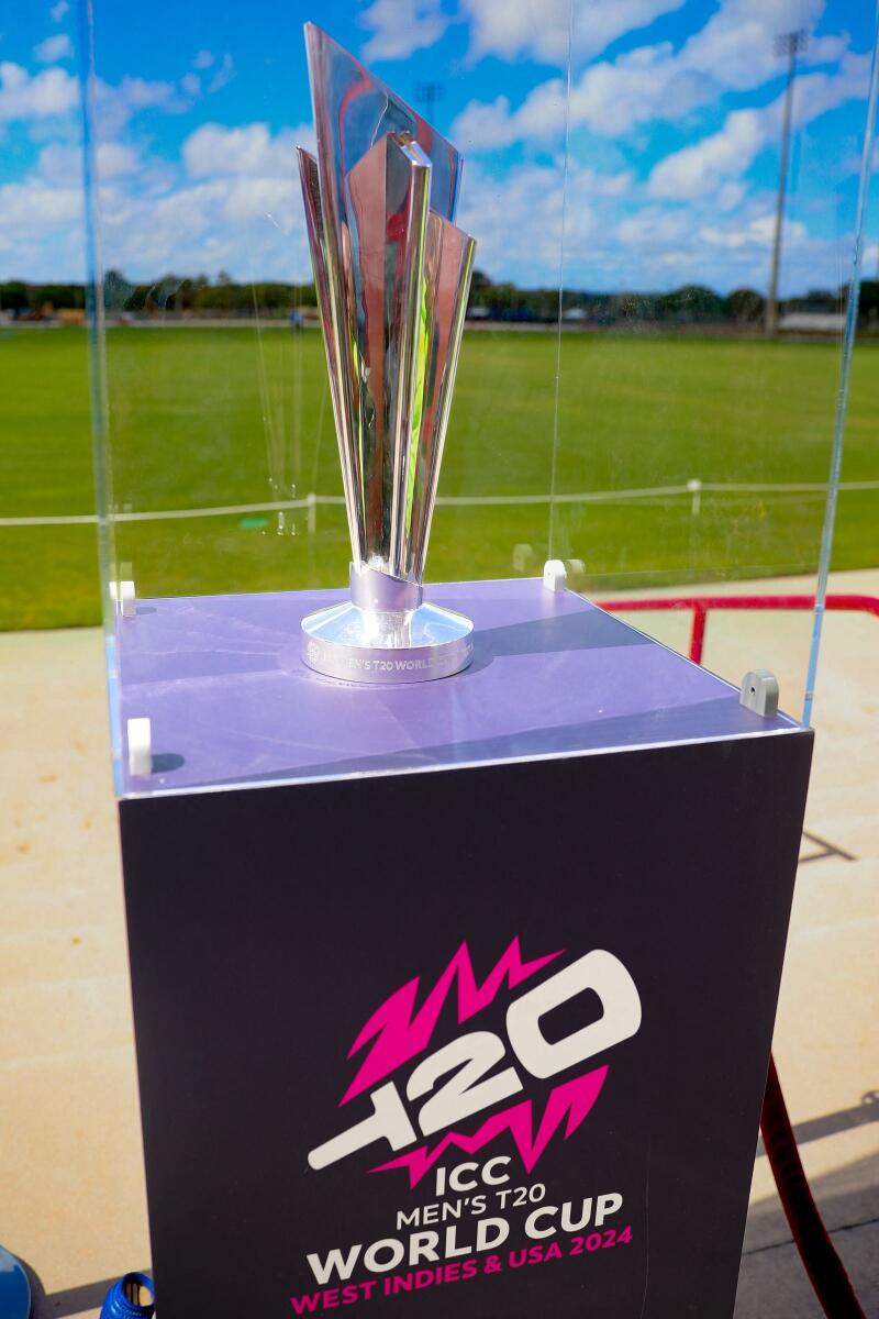 The ICC T20 World Cup trophy is displayed at Broward Stadium in Lauderhill, Florida. — AFP