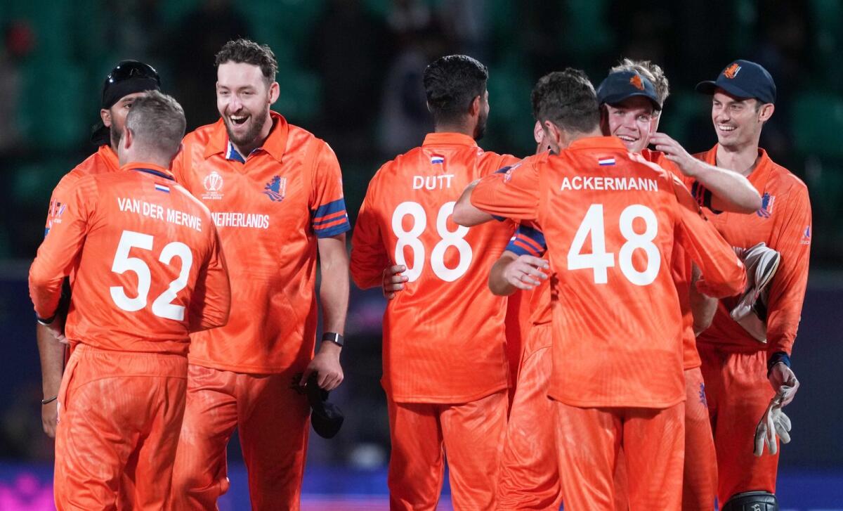 Netherlands players celebrates after their win over South Africa. — PTI