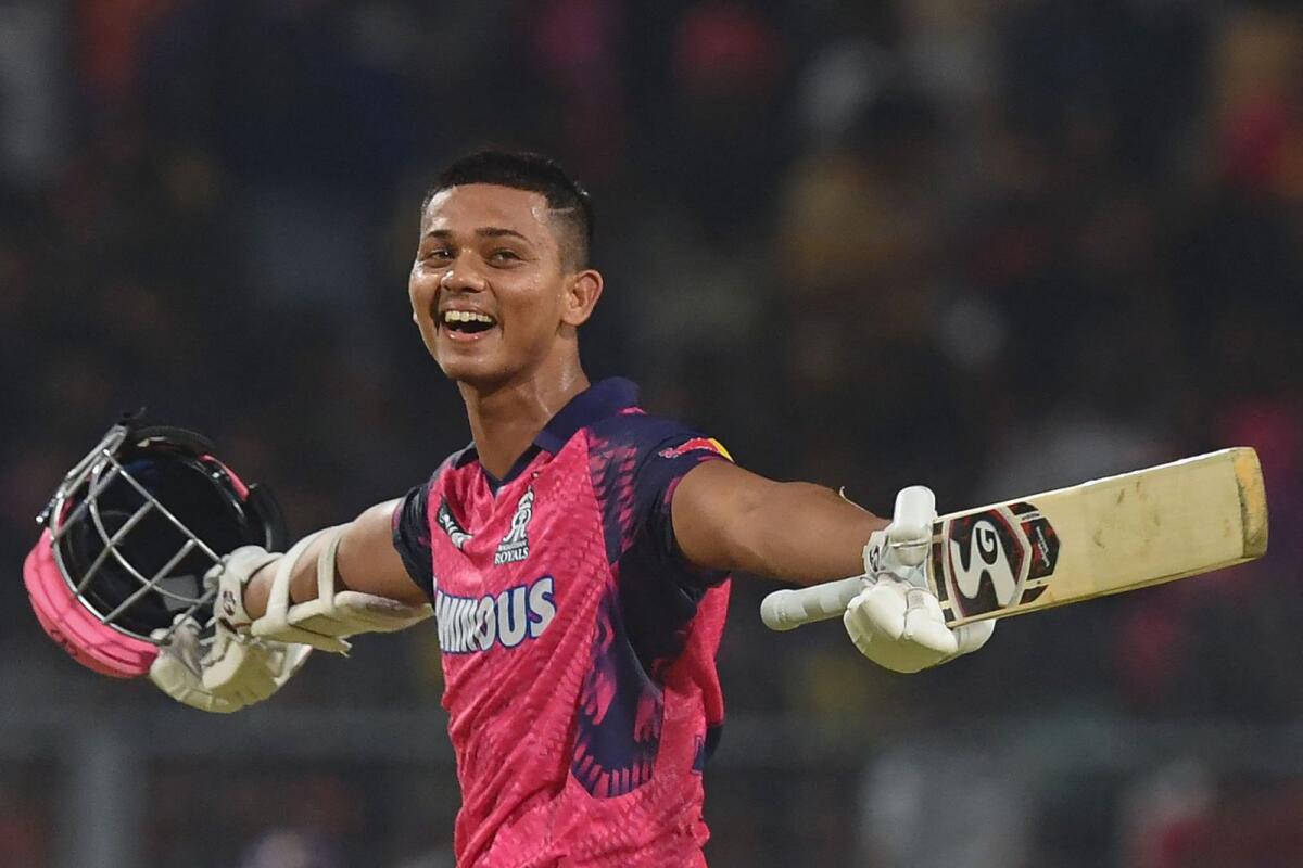 Yashasvi Jaiswal celebrates after Rajasthan Royals' win over Kolkata Knight Riders. — AFP