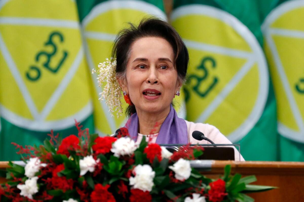 FILE - Myanmar's then leader Aung San Suu Kyi delivers a speech in Naypyitaw, Myanmar. Photo: AP
