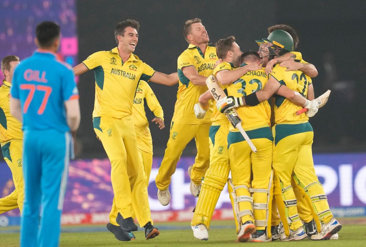 Australia's players celebrate after Australia won the ICC Men's Cricket World Cup final match against India in Ahmedabad, India, Sunday, Nov. 19, 2023. Photo: AP
