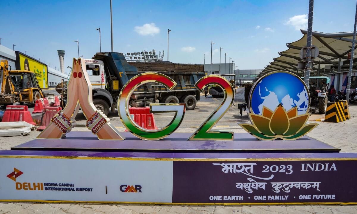 G20 logo installed near IGI Airport in preparation for the G20 Summit, in New Delhi, Wednesday, Aug 30, 2023. Photo: PTI