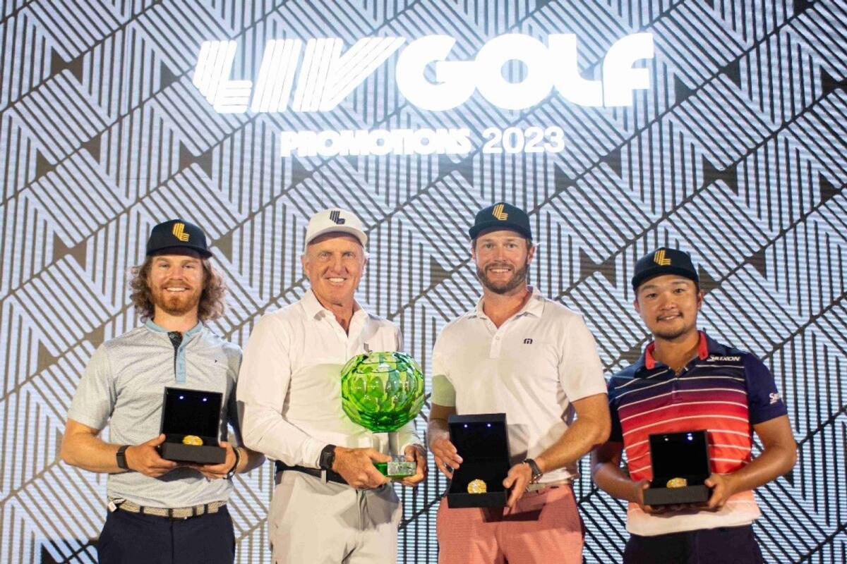 The qualifiers and LIV Golf CEO, Greg Norman pose for a photo (left to right), Kieran Vincent of Zimbabwe, Kalle Samooja of Finland and Jinichiro Kozuma of Japan, at the trophy ceremony after the final round of the LIV Golf Promotions at the Abu Dhabi Golf Club. - sUPPLIED PHOTO