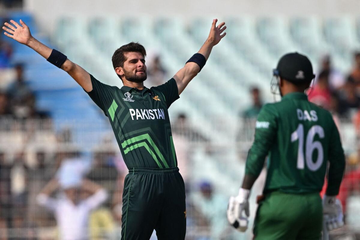 Pakistan's Shaheen Shah Afridi celebrates after taking the wicket of Bangladesh's Tanzid Hasan. — AFP