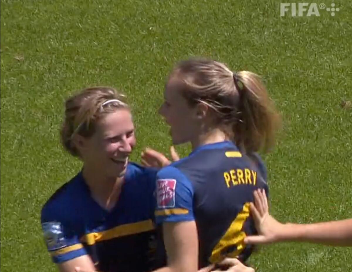 Ellyse Perry (right) celebrates after scoring a goal against Sweden in the 2011 Fifa Women's World Cup. Perry has won two 50 overs World Cups and six T20 World Cups with the Australian cricket team. — Twitter