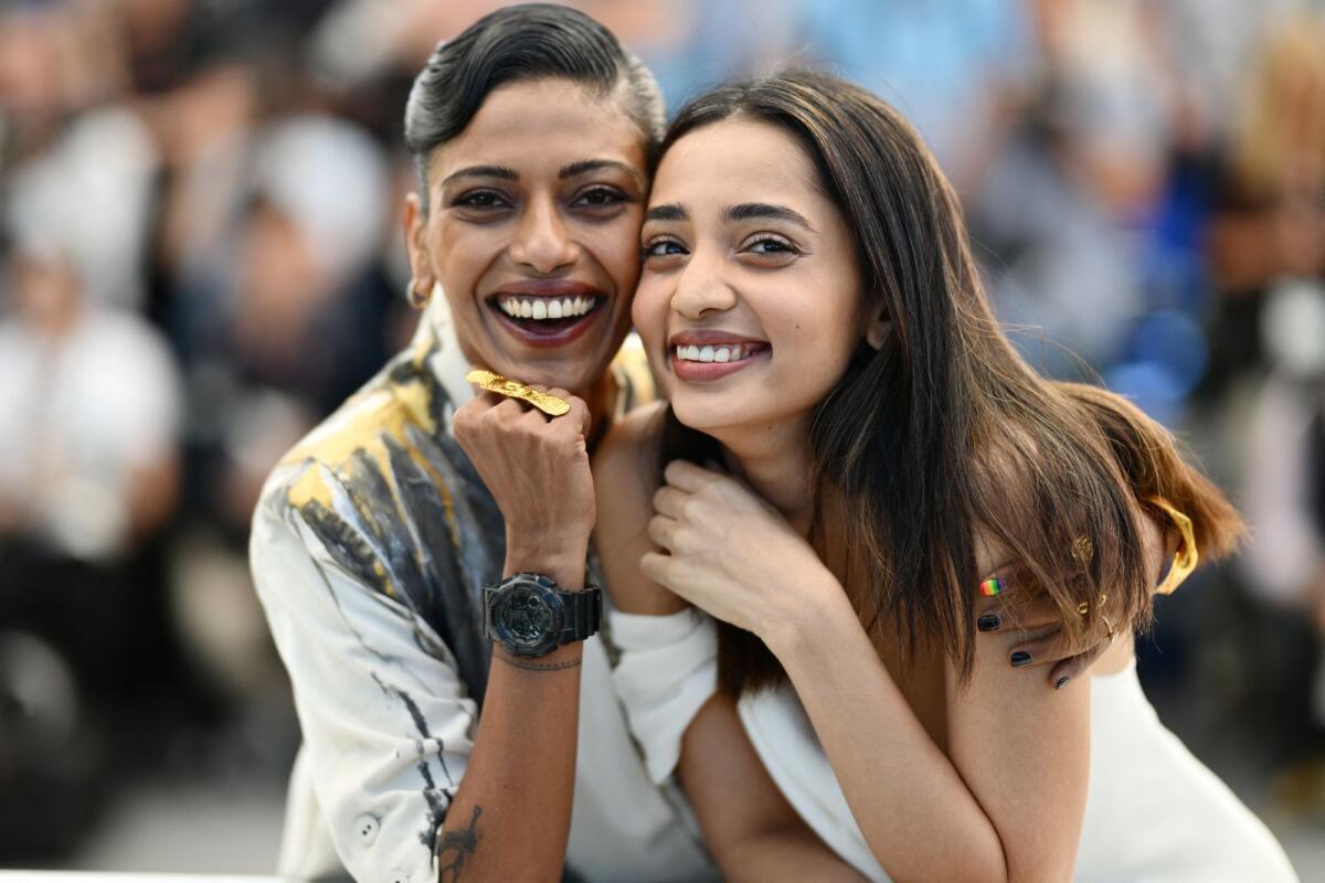 Anasuya Sengupta (left) with co-star Omara Shetty at the 77th edition of the Cannes Film Festival. Photo: AFP