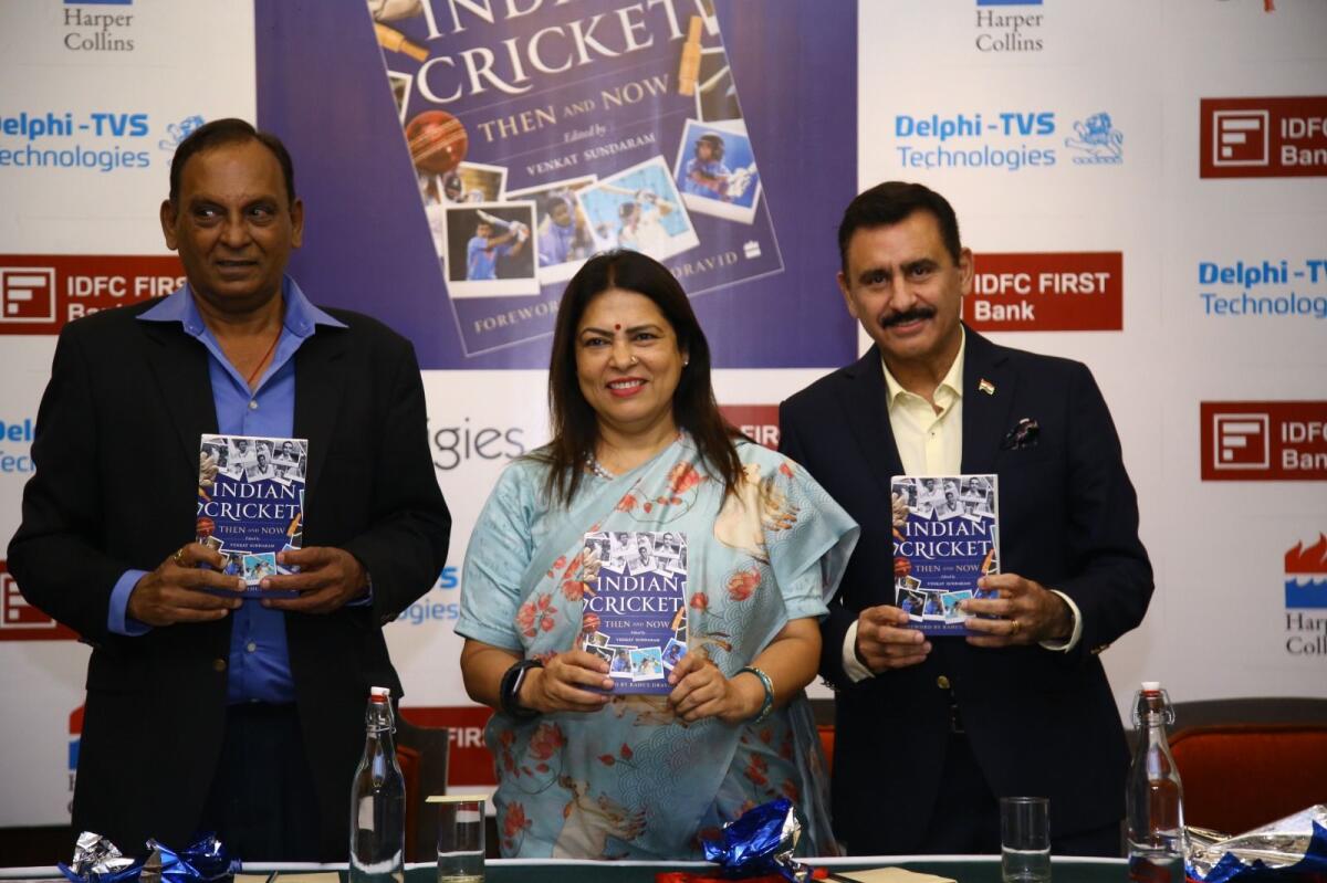 Meenakshi Lekhi, Minister of State for External Affairs and Culture, with Venkat Sundaram and Navroze Dhondy, releasing the book in New Delhi. — Supplied photo