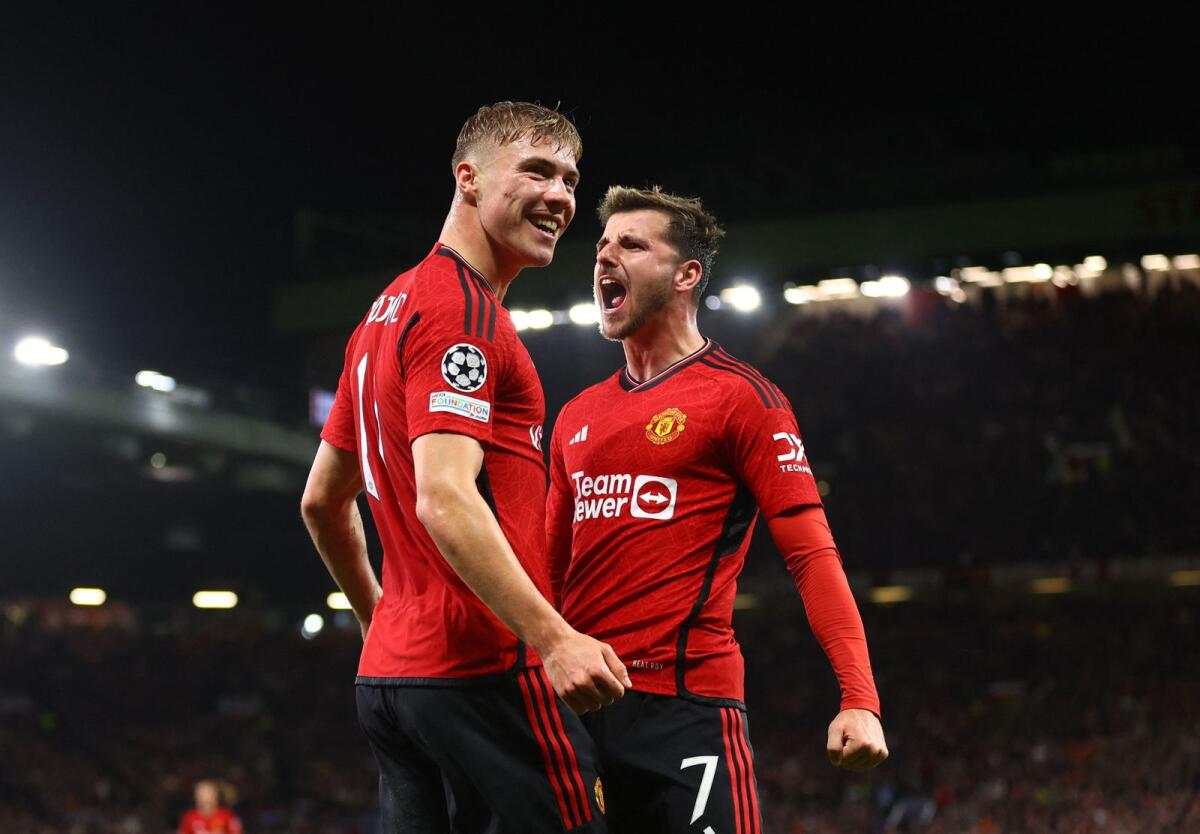 Manchester United's Rasmus Hojlund celebrates with Mason Mount. - Reuters File