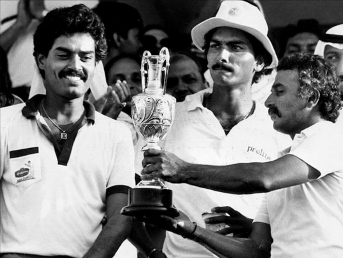 Indian players celebrate after winning the inaugural edition of the Asia Cup in 1984 at the Sharjah Cricket Stadium. — X (Twitter)