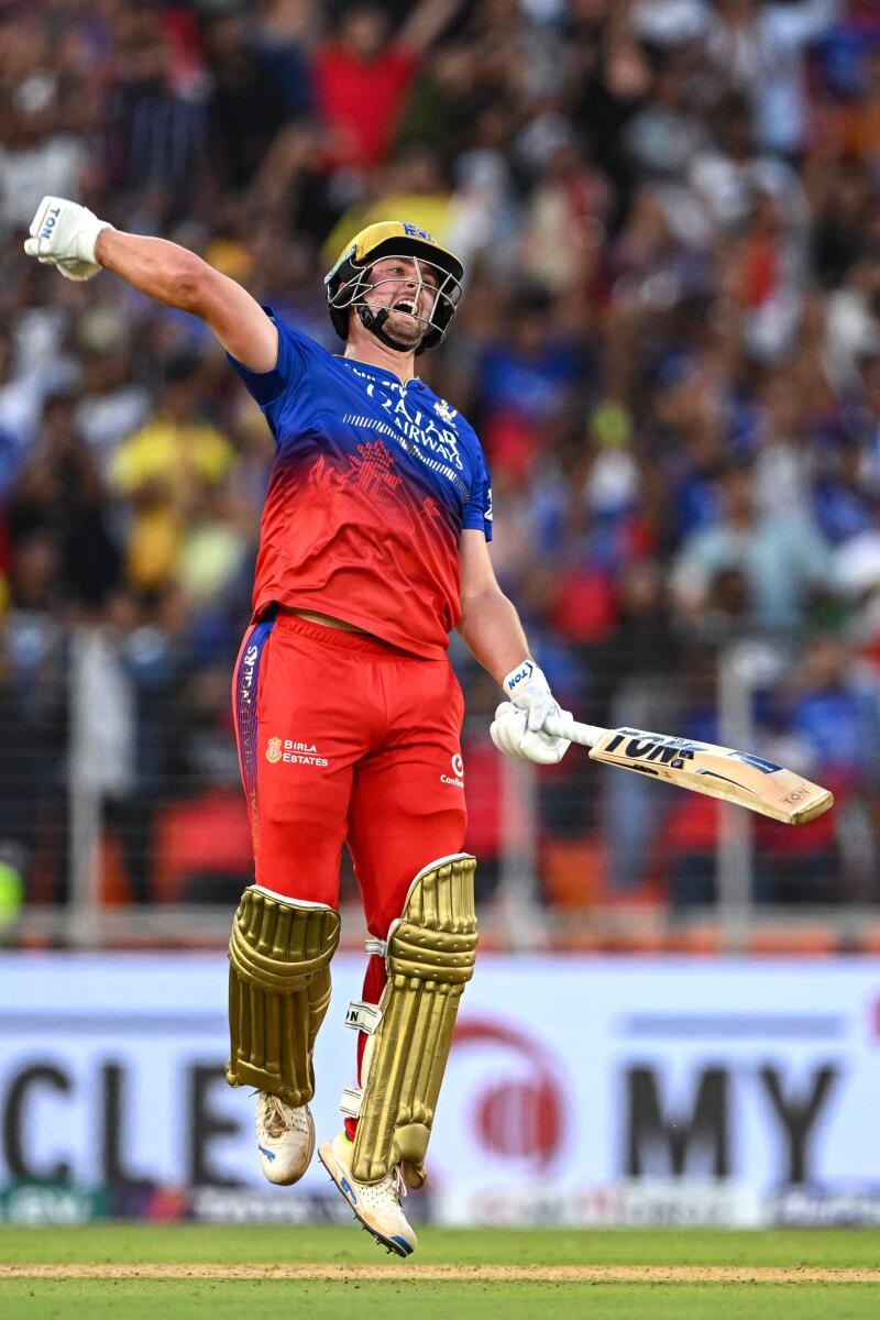 Royal Challengers Bengaluru's Will Jacks celebrates after his team's win in the Indian Premier League. — AFP