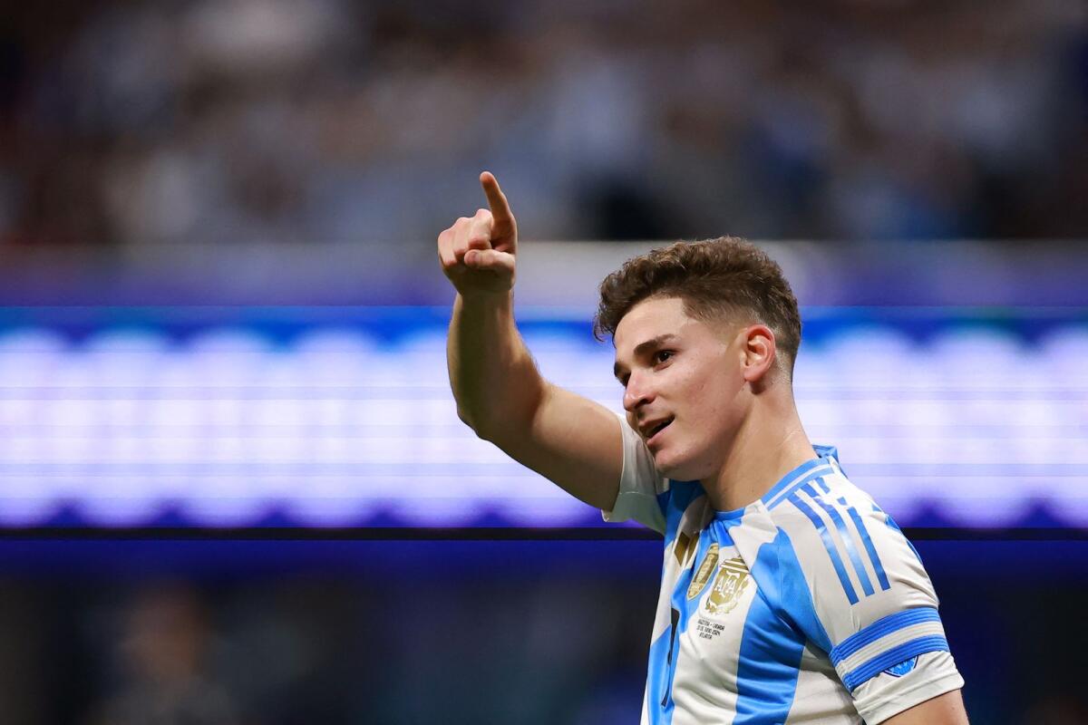 Julian Alvarez of Argentina celebrates after scoring the team's first goal during the Copa America match against Canada. — AFP