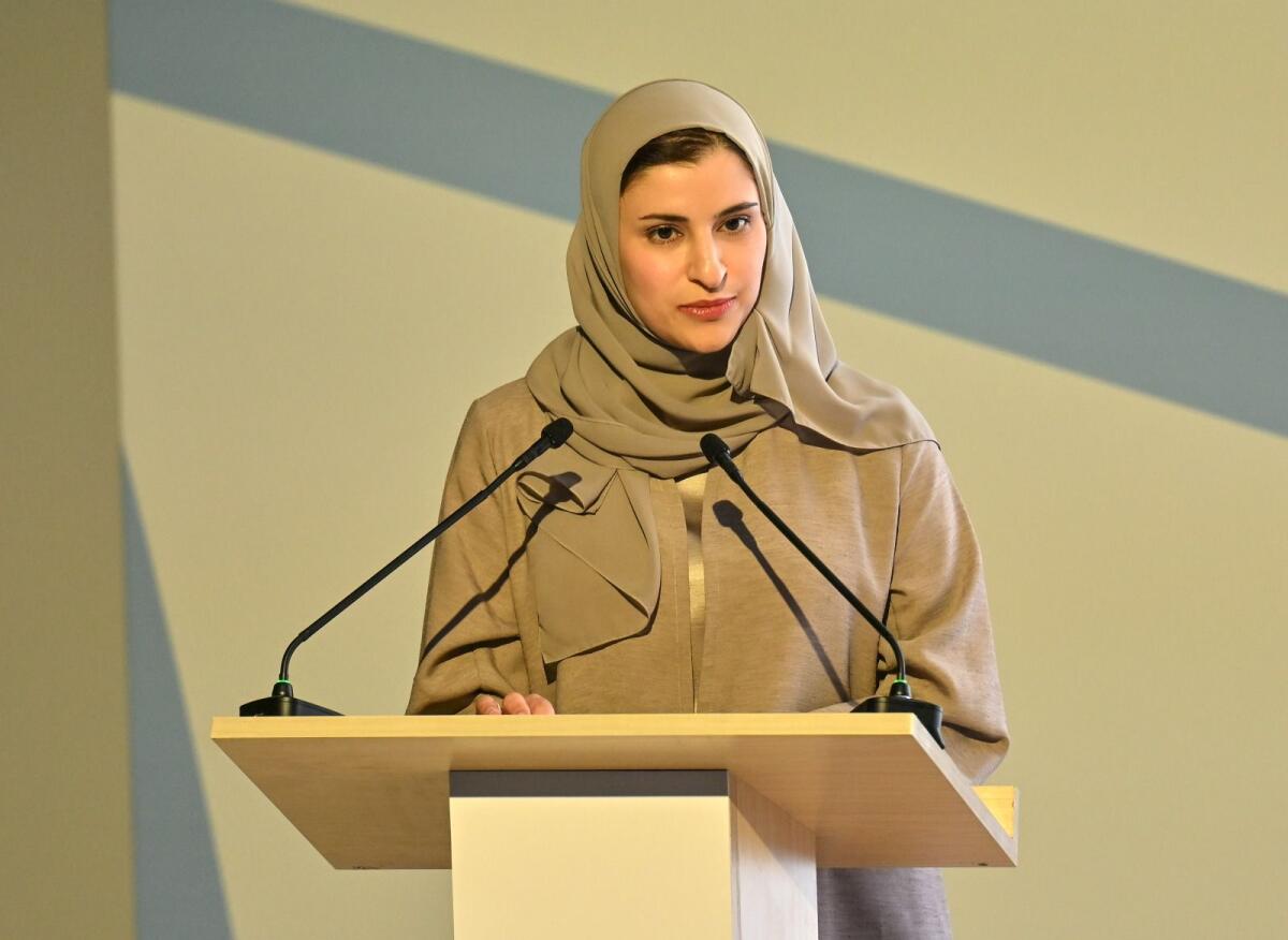 Sarah bint Yousif Al Amiri speaks at the press conference to announce the Freejna School project. — Photo: Muhammad Sajjad