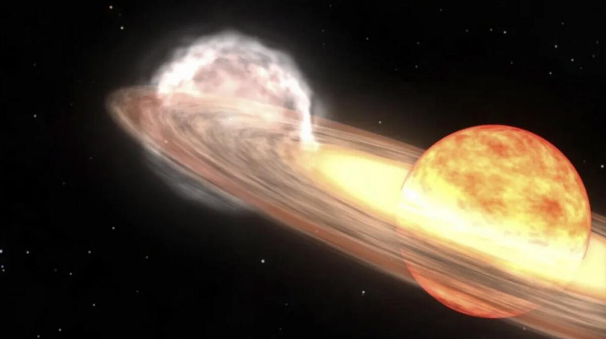 A red giant star and white dwarf orbit each other in this animation of a nova similar to T Coronae Borealis. Photo: NASA