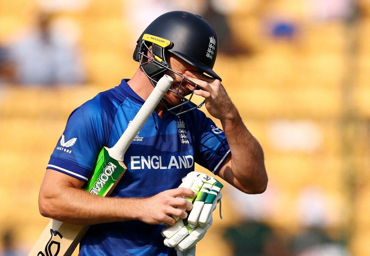 England captain Jos Buttler reacts after losing his wicket during the match against Sri Lanka. — Reuters