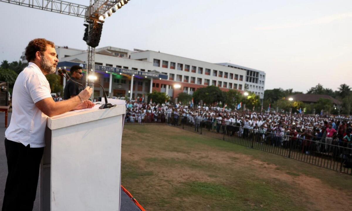 Congress leader Rahul Gandhi addressing a public meeting in Mangaluru on Thursday. — PTI