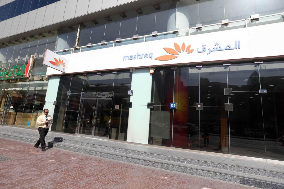 Facade of Mashreq Bank on Bank Street in Dubai. — File photo