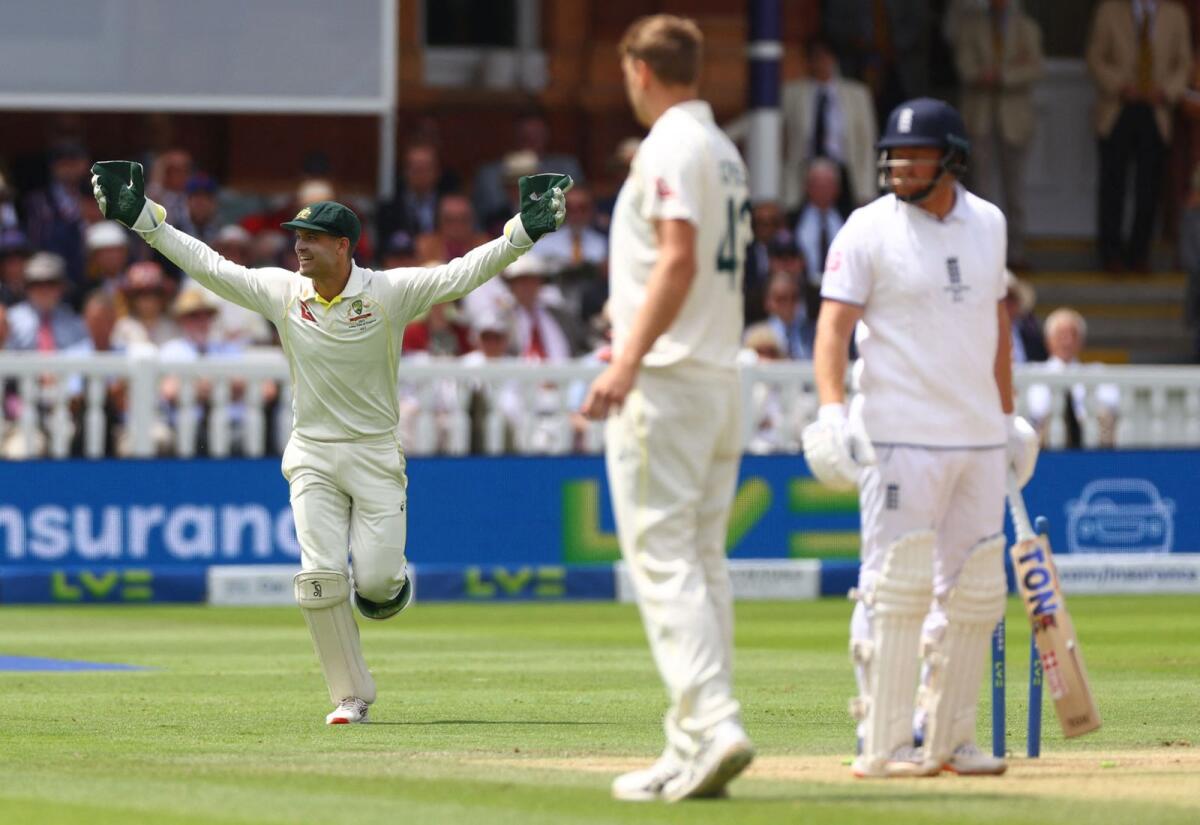 Australia's Alex Carey celebrates after his much-debated run out of England's Jonny Bairstow. - |Reuters