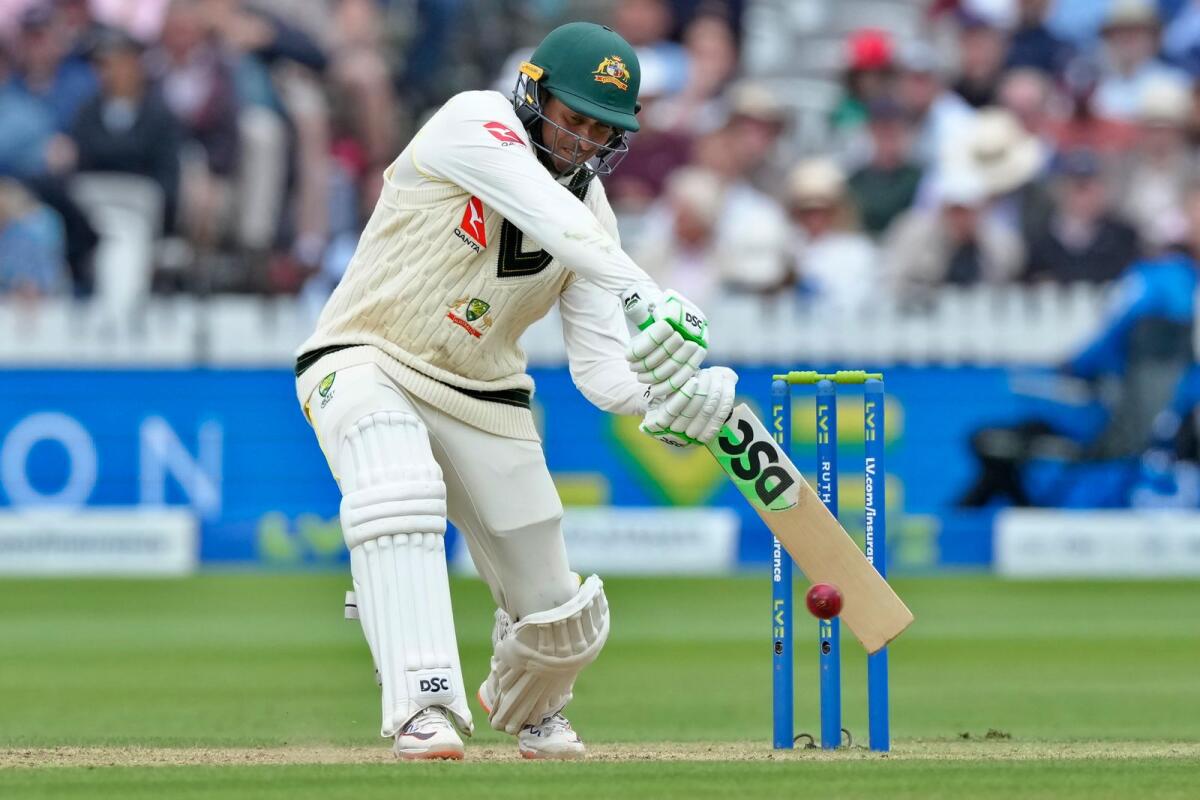 Australia's Usman Khawaja hits a boundary during the third day of the second Ashes Test against England at Lord's on Friday. — AP