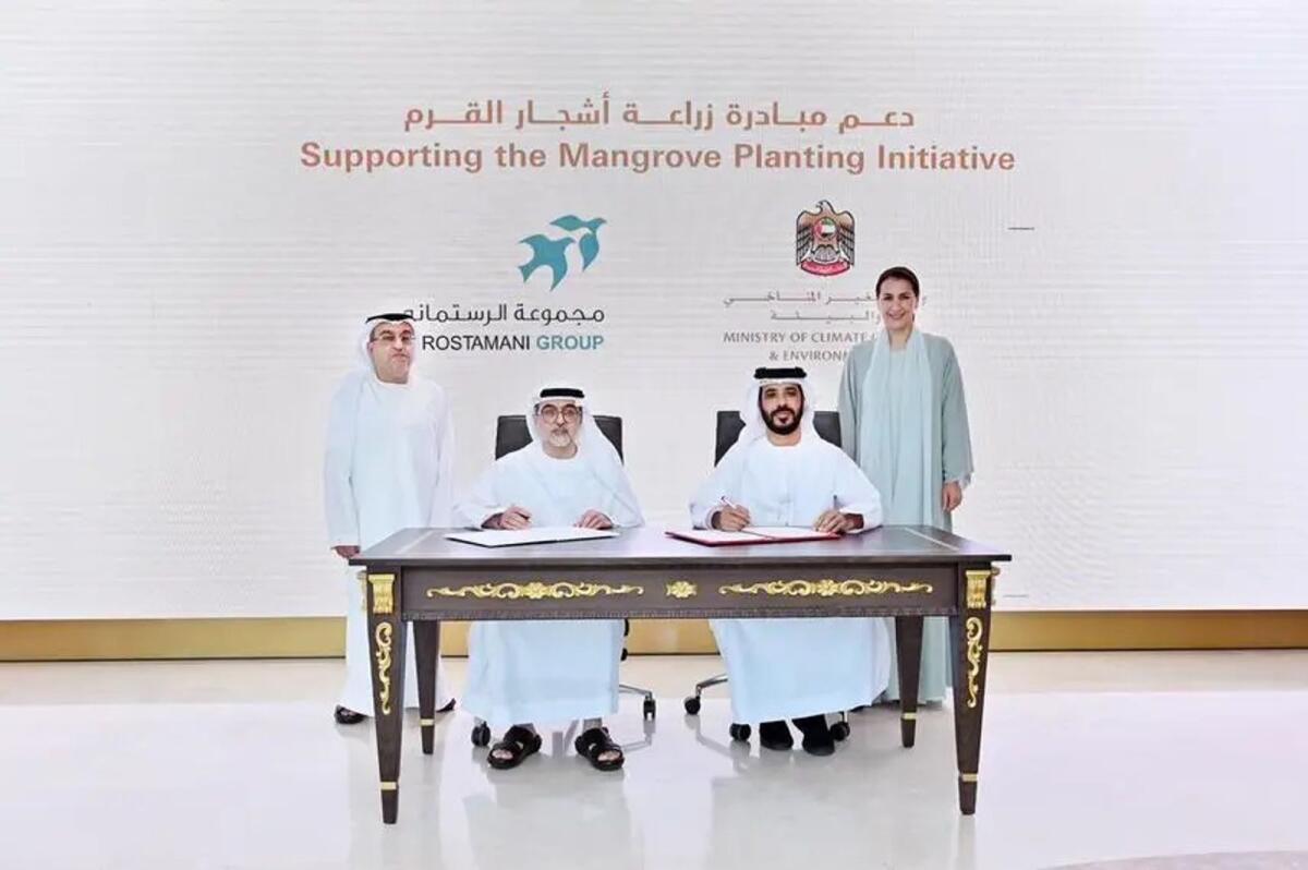 Ministry of Climate Change and Environment has signed a MoU with the Al Rostamani Group to support the Mangrove Planting Initiative to achieve the target of planting 100 million mangroves trees by 2030. Dr Mohammed Salman Al Hammadi and Hassan Abdullah Al Rostamani signed the MoU in the presence of Mariam bint Mohammed Almheiri.