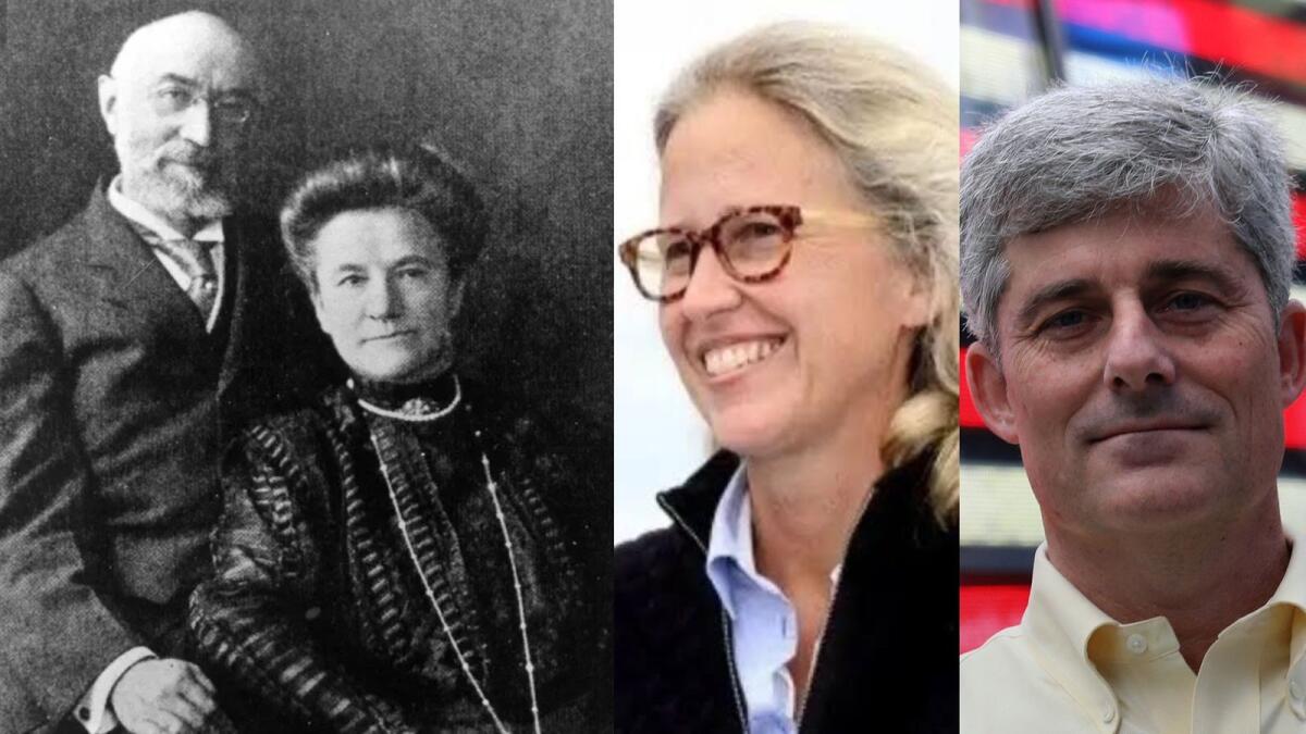 Isidor and Ida Straus, the New York couple who died on the Titanic (left); Wendy Rush (C), their descendent and wife of OceanGate CEO Stockton Rush (R). Photo: Twitter/SergioAJBarrett