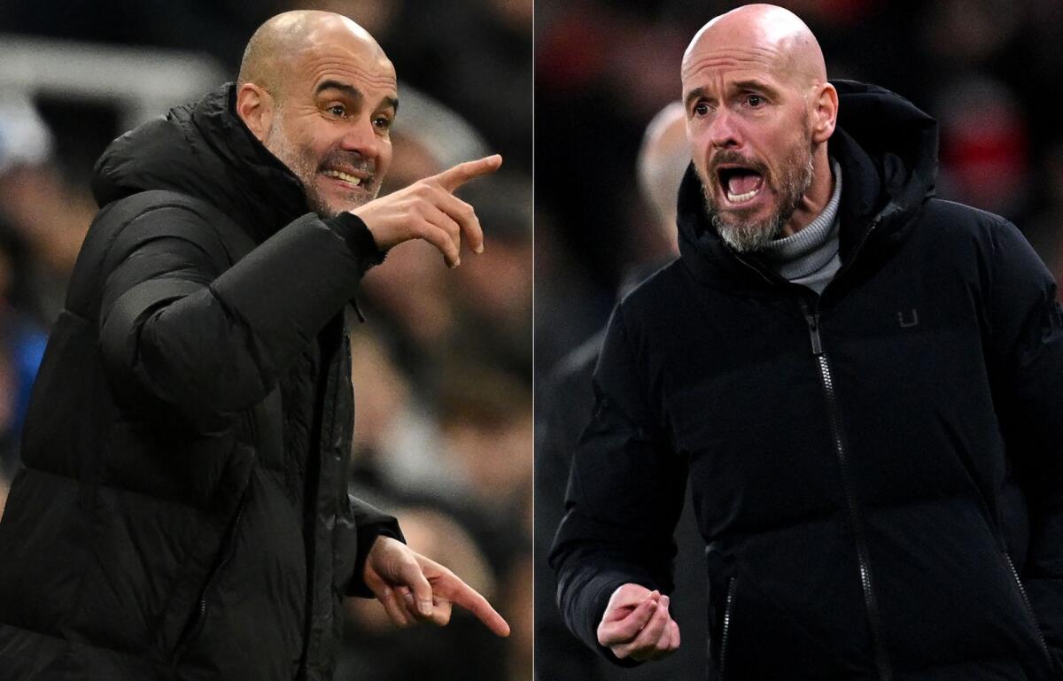 Manchester City's Spanish manager Pep Guardiola (L) and Manchester United's Dutch manager Erik ten Hag  go head-to-head in an epic match. - AFP