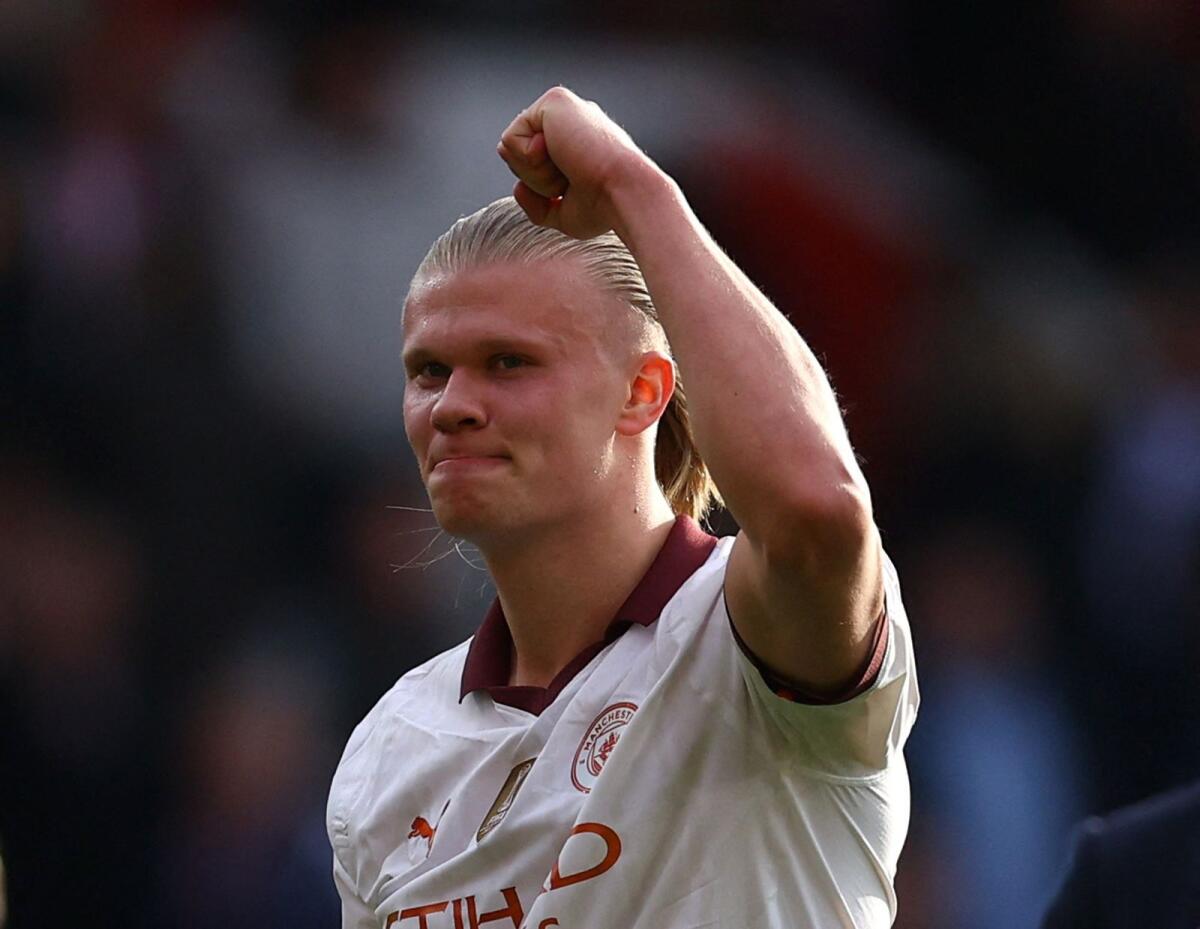 Manchester City's Erling Haaland celebrates after the match. — Reuters