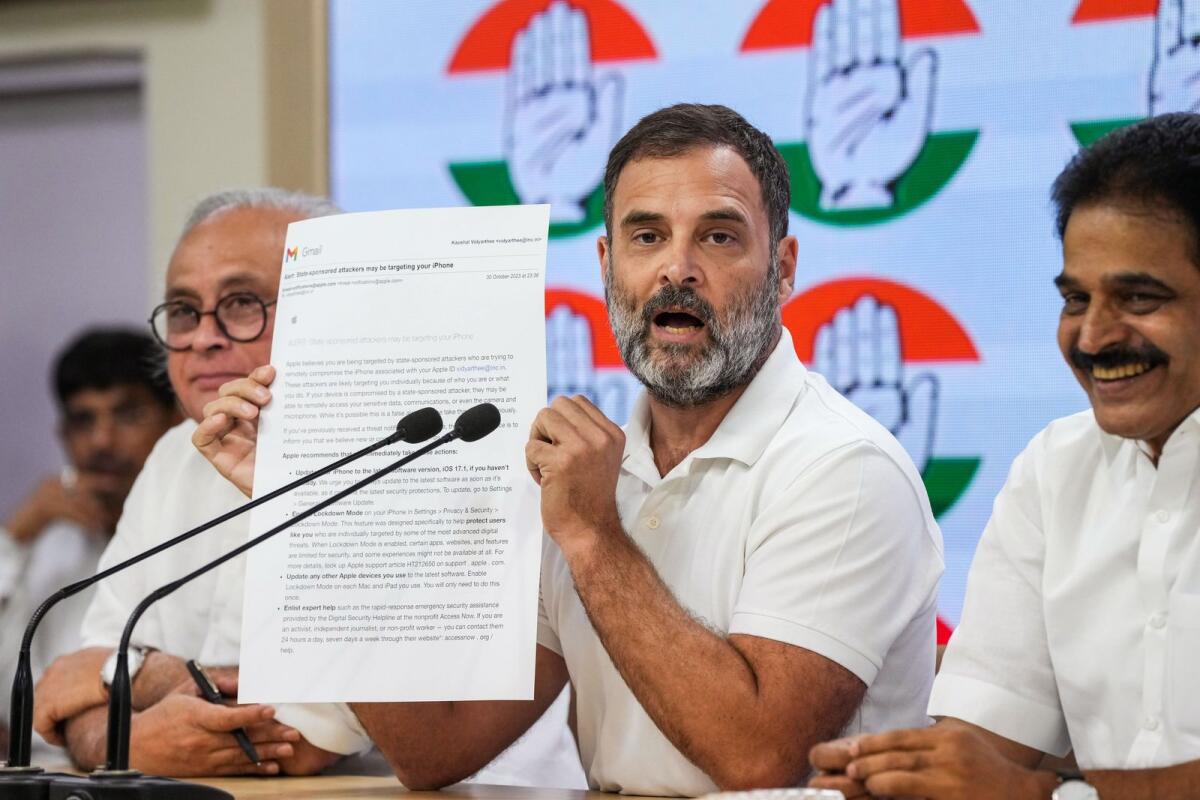 Congress leader Rahul Gandhi speaks as party leaders Jairam Ramesh and KC Venugopal look on during a press conference at the AICC Headquarters in New Delhi, on Tuesday. — PTI