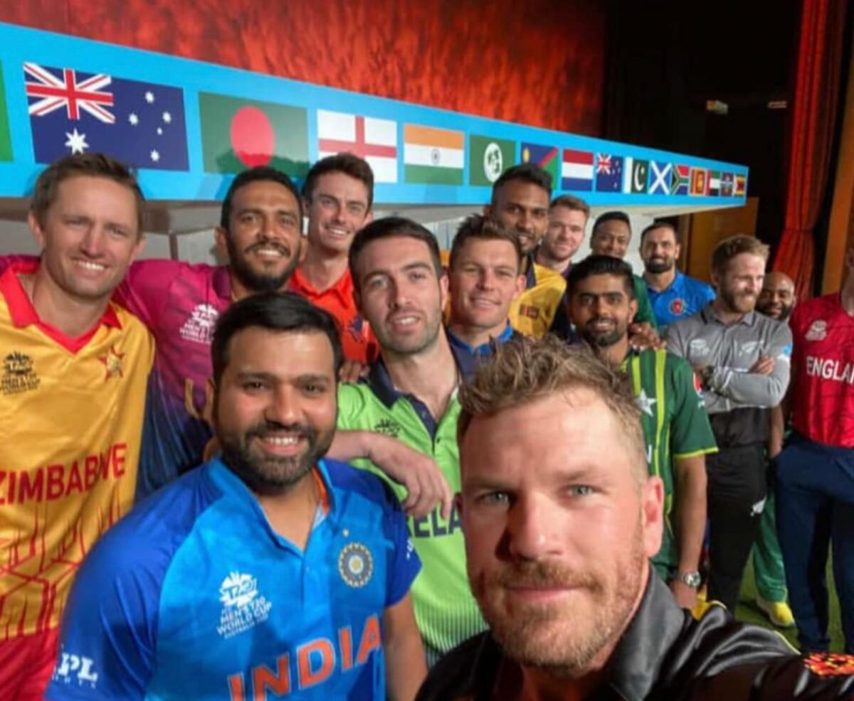 CP Rizwan (second left, third row) poses with other captains before the start of the 2022 T20 World Cup in Australia