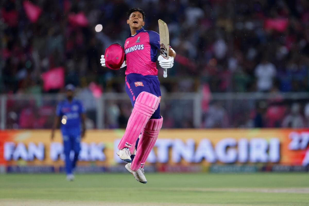Yashaswi Jaiswal of Rajasthan Royals celebrates his hundred. — IPL