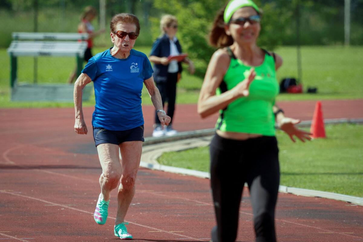 Italian master runner Emma Maria Mazzenga, 90, in action during the women's 100m W90 category race in San Biagio di Callalta, Treviso, Italy, on May 4, 2024. — Reuers