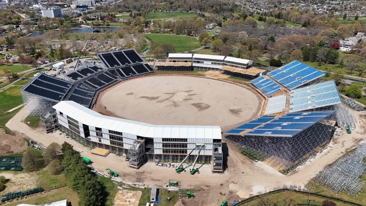 Construction continues on the Nassau County International Cricket Stadium at Eisenhower Park on April 22, 2024 in East Meadow, New York. This temporary stadium will host eight matches in the 2024 ICC T20 World Cup in June. — AFP