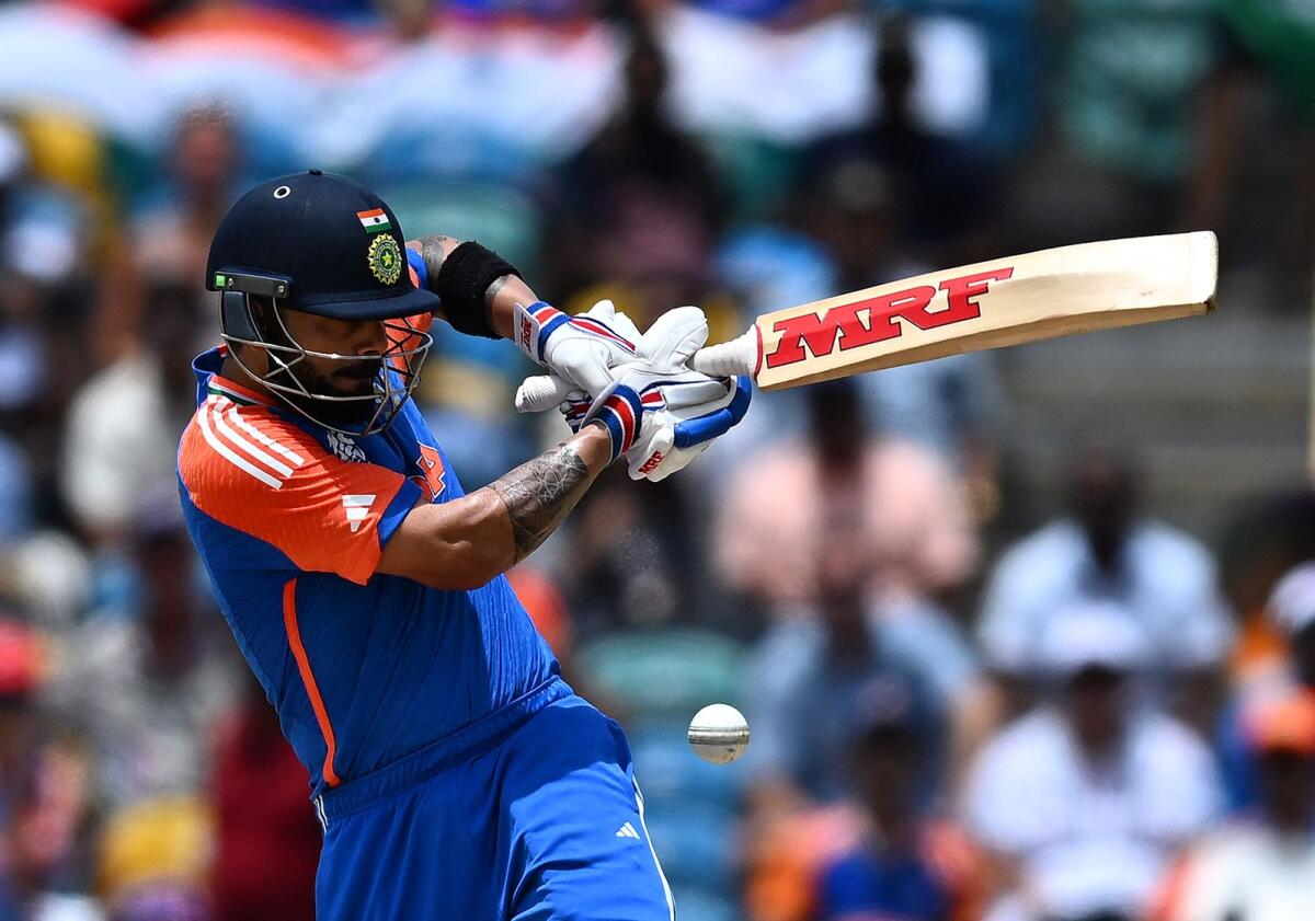 India's Virat Kohli plays a shot during the Twenty20 World Cup final against South Africa at Kensington Oval in Bridgetown on Saturday. — AFP
