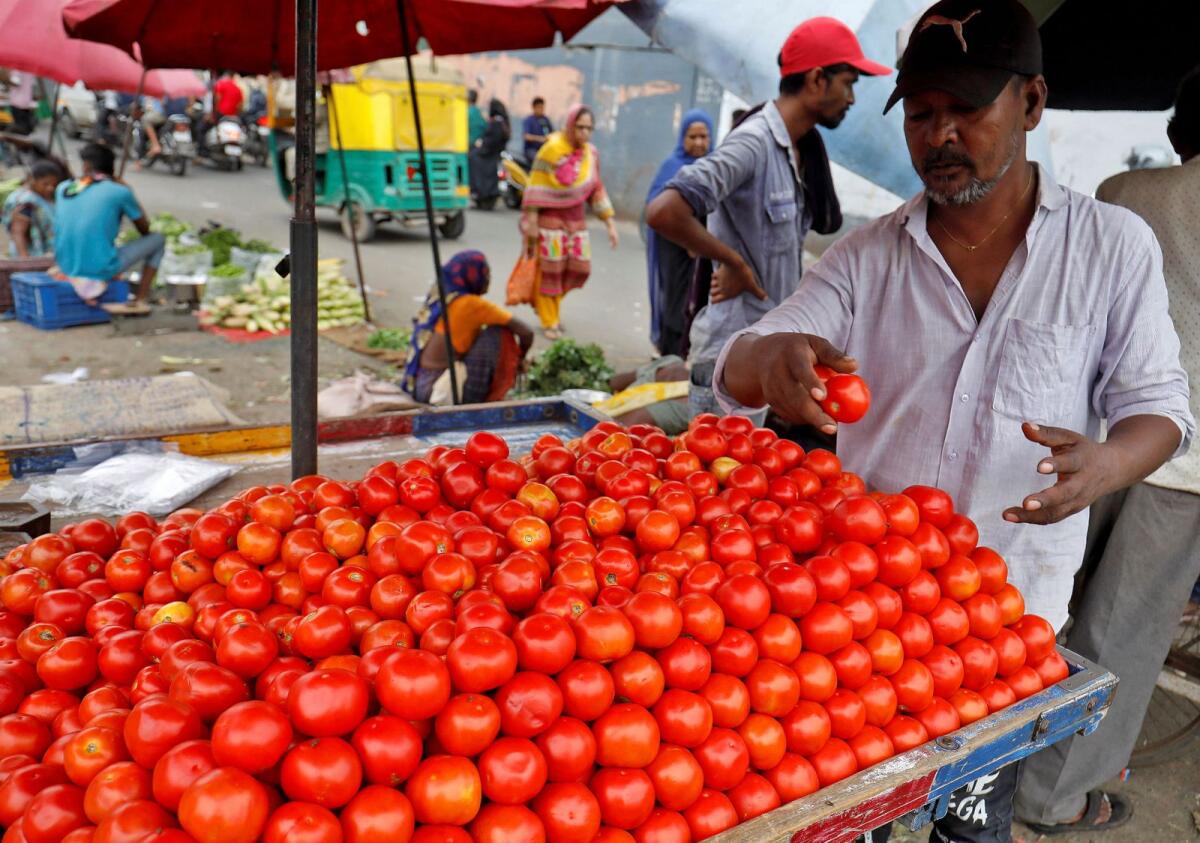 A vendor arranges tomatoes on a cart at a roadside vegetable market in Ahmedabad, India, July 7, 2023. Photo: Reuters