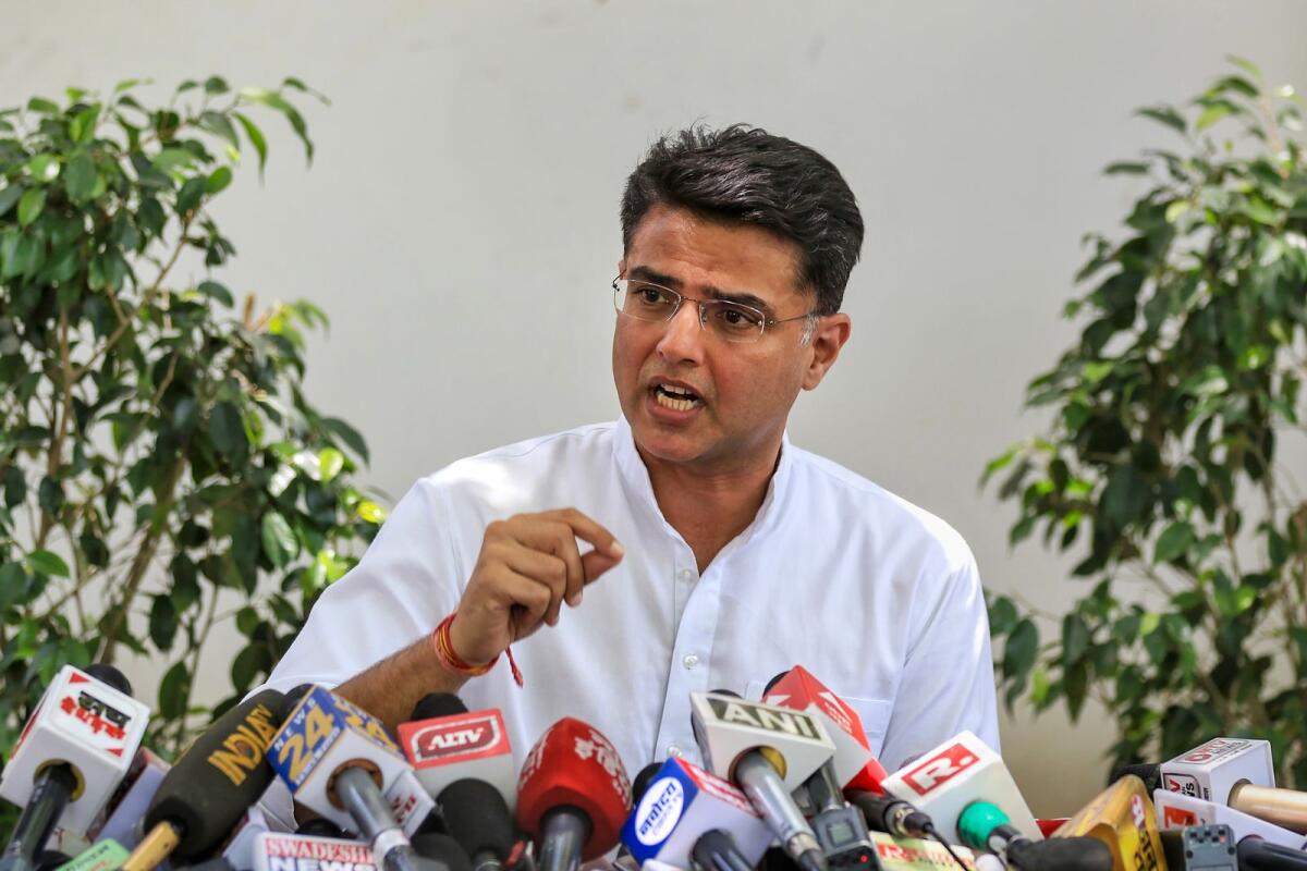 Congress leader Sachin Pilot addresses a press conference at his residence in Jaipur on Tuesday. Photo: PTI