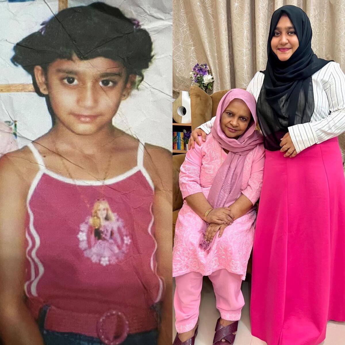 Merna in pink as a child and now, with her mother