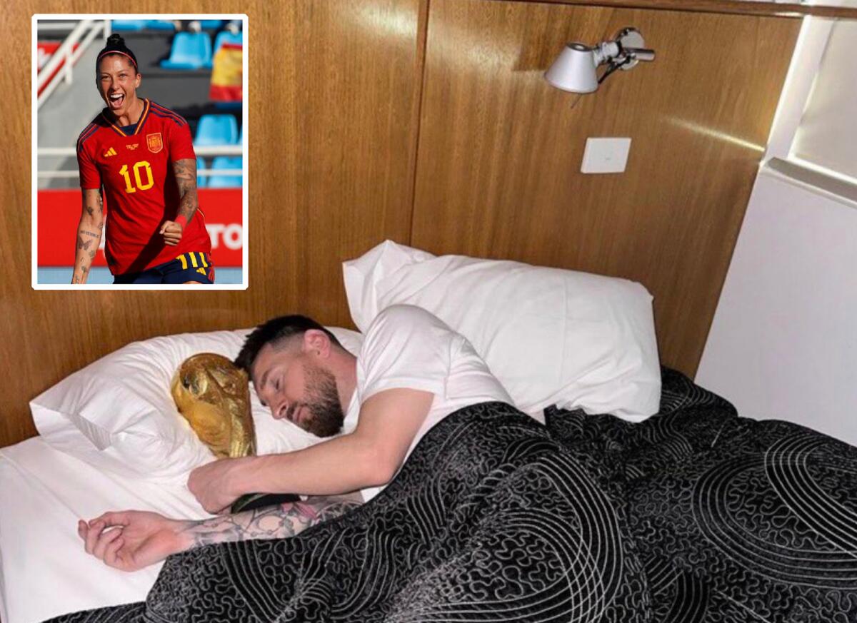 Jenni Hermoso (inset). Lionel Messi sleeping with the Fifa World Cup trophy after Qatar 2022. — Twittter/AFP