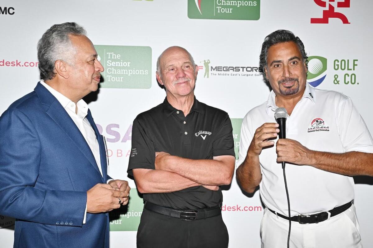 Peter Cowen (C) and General Abdulla Alhashmi (R) and Vijay Vasu during the prize presentation ceremony at the Senior Champions Tour. - Supplied photo